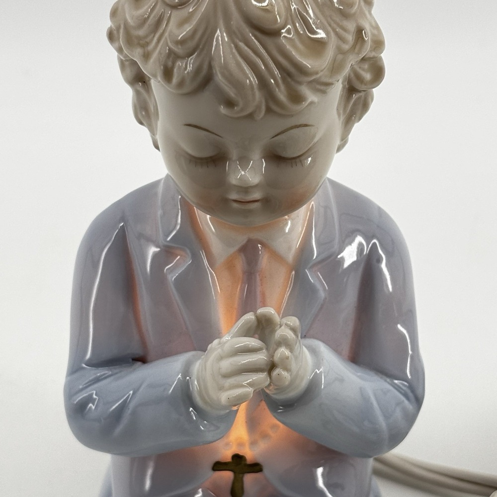 Vintage Nursery Night Light Bisque Porcelain Lamp Boy Praying Rosary